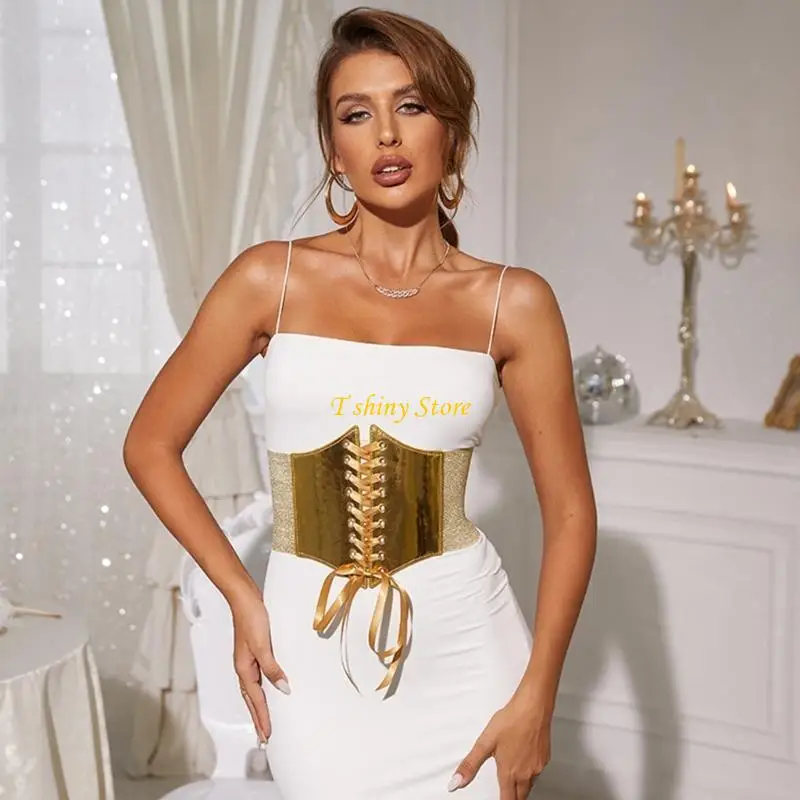 Cinturón ancho N58F para vestido, corsé dorado, corsé y2k debajo del busto, cinturón dorado para mujer, cinturón elástico