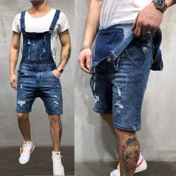 2025 Men Overalls Playsuits Denim One Piece Jeans Shorts Rompers Washing Slim Fit Holes Pockets Distressed Spliced Streetwear