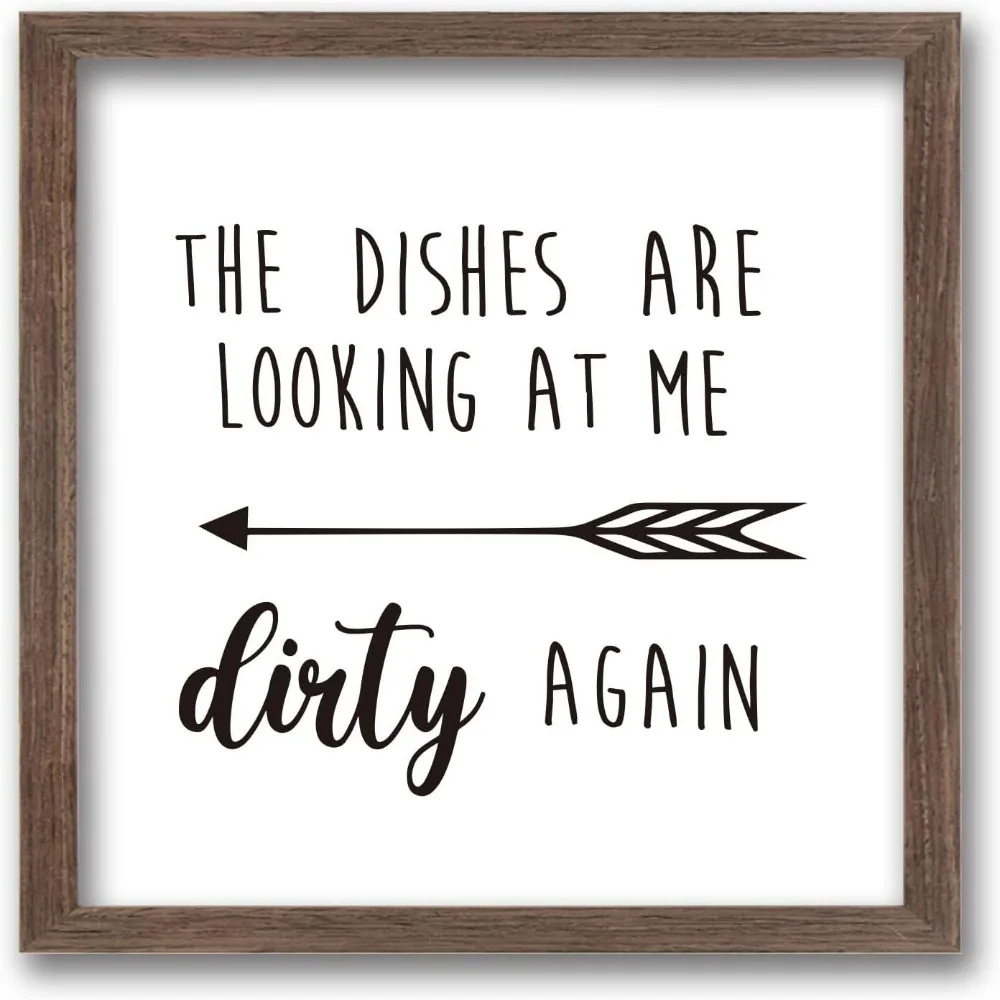 The Dishes are Looking at Me Dirty Again Art Sign Solid Wood Framed Block Sign Funny Farmhouse Decor Sign with Arylic Layer