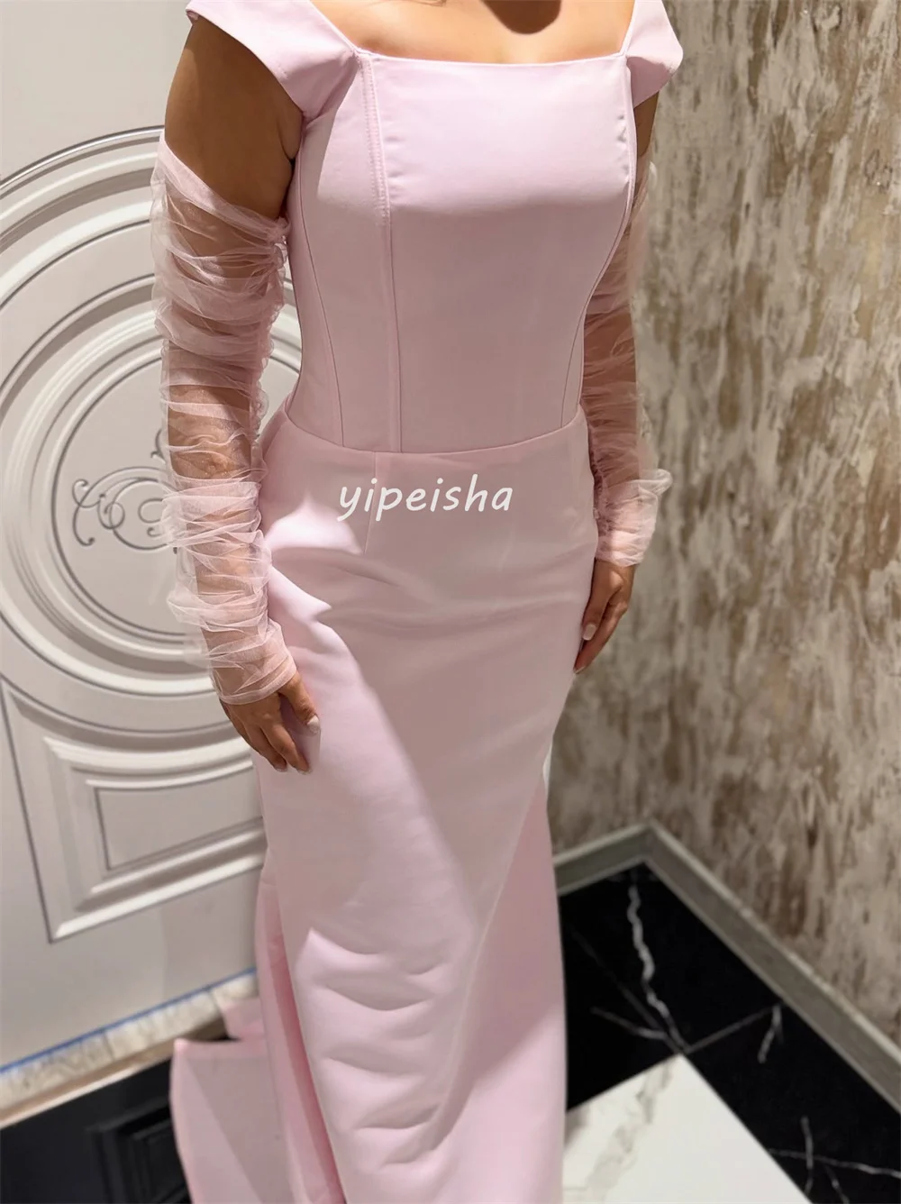 Maßgeschneiderte, passende, sexy Jersey-Falten-Meerjungfrau-Kleider, schulterfrei, lange Kleider, maßgeschneiderte Anlasskleider, Größen erhältlich, klassisch