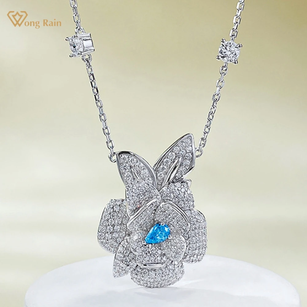 wong rain aquamarine colar pingente de flores para mulheres 925 joias de prata esterlina diamante de alto carbono presente de aniversario 01