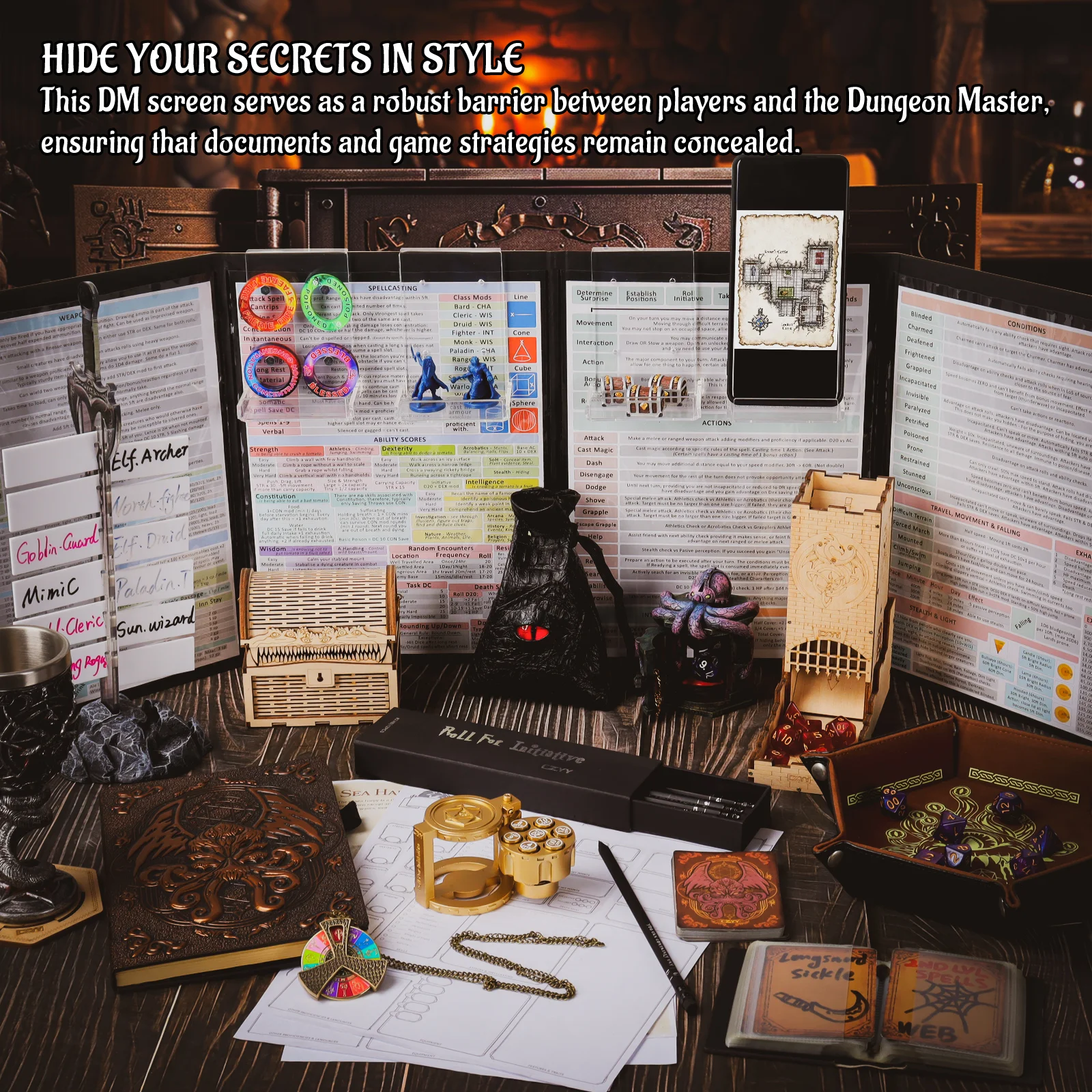 DND DM Screen Deluxe Edition: Colorfully Embossed Dragon & Mimic, Four-Panel with Pockets Dungeon Master Screen for DND