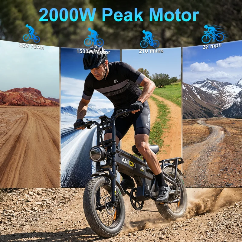 

2026 ANIIOKI Electric Bike 2000W Peak Motor 52V 70Ah battery EBike 32mph 20"*4" Fat Tires A8 Pro Max Adult Electric Bicycle
