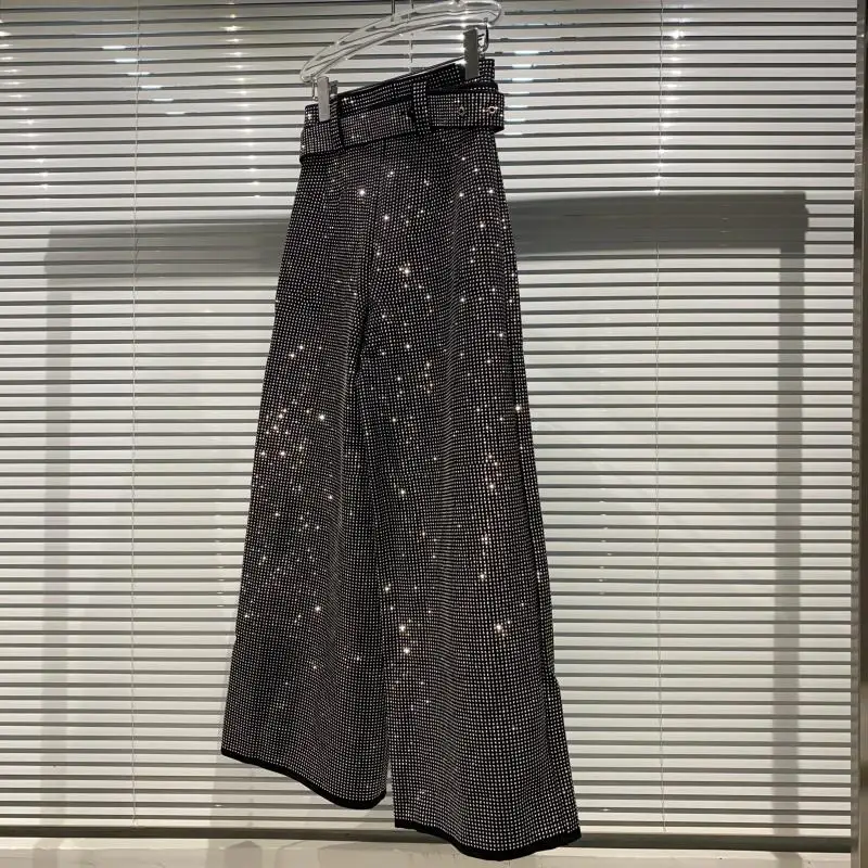 กางเกงขายาวทรงกว้างประดับคริสตัลหรูหรา ดีไซน์เข็มขัดหนัก แฟชั่นสำหรับผู้หญิง สไตล์ลำลอง รุ่นใหม่ล่าสุดประจำฤดูใบไม้ร่วง