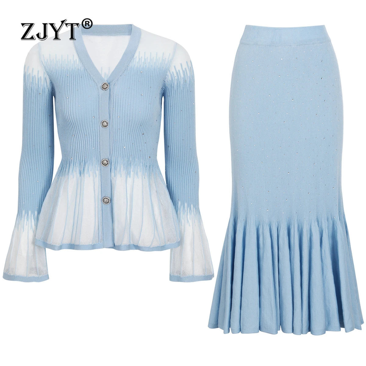 ZJYT Elegant Diamonds Women's Knitted Dress Set 2 Piece Autumn Flare Sleeve Sweater and Long Skirt Suit Ladies Party Blue Outfit