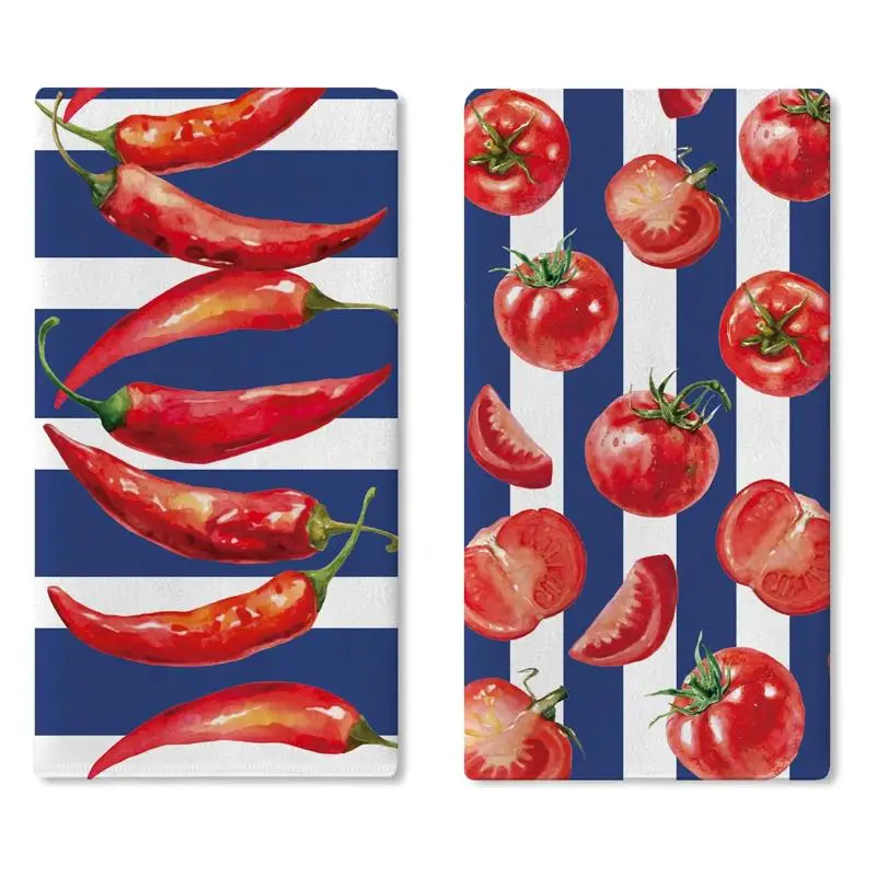 Pack of 2, green vegetables, watercolor, chili, tomato pattern, printed rustic towels, dishtowels, hand towels