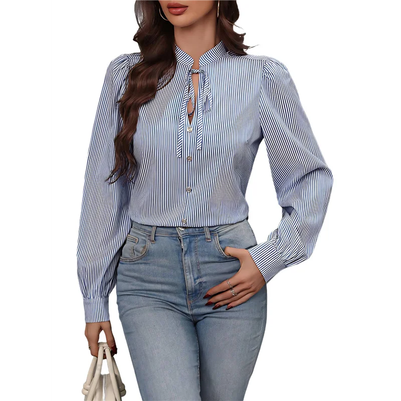 

Womens Striped Button Down Shirts Classic Long Sleeve Stylish Office Work Blouses Tops-A55G