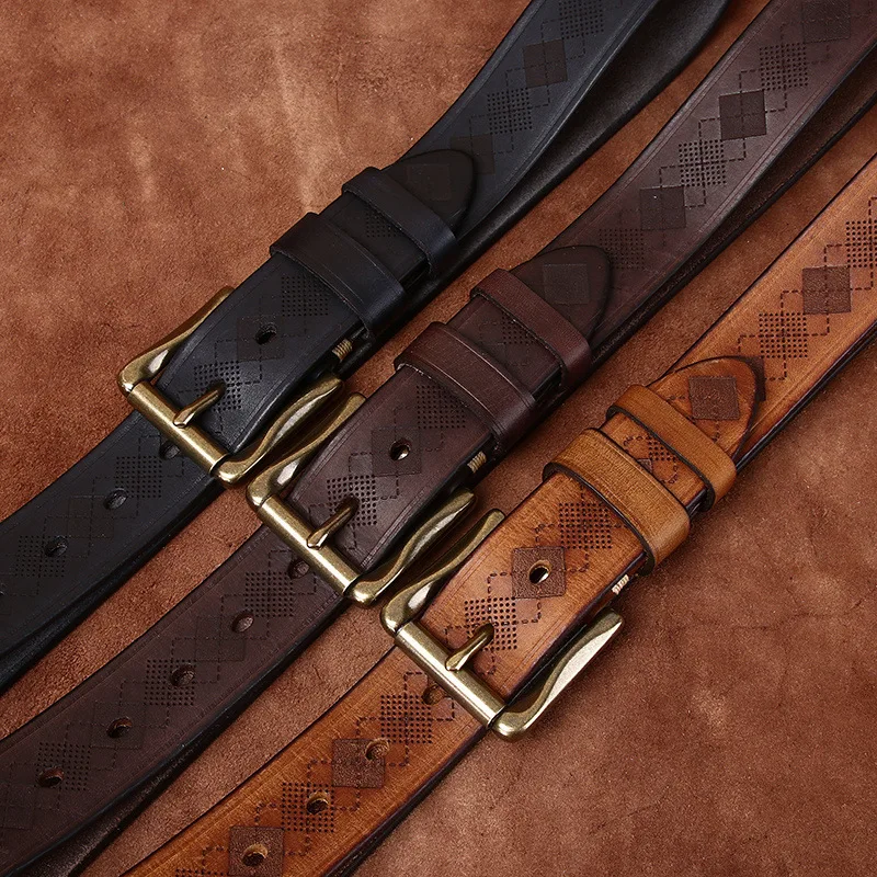 

Rare Thickened Top Layer Cowhide Belt Men Genuine Leather Needle Buckle Trendy Casual Laser Engraved Denim Jeans Belt Men's