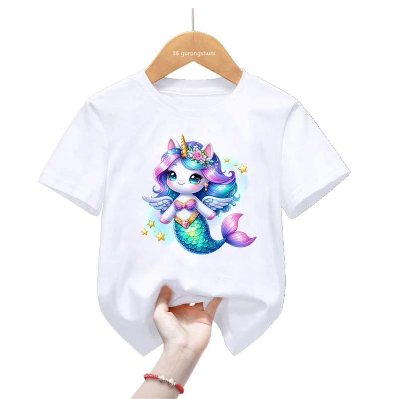 

Watercolor Mermaids Unicorn Printed T Shirt Girls Summer Fashion Kids Clothes Harajuku Kawaii Children'S Clothing T-Shirt