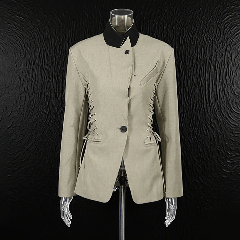 ZAMOR HIGH QUALITY Women's Stand Collar Blazer 2026 New Fashion Belted Waist Slim Fit Single Breasted Suit Jacket Autumn