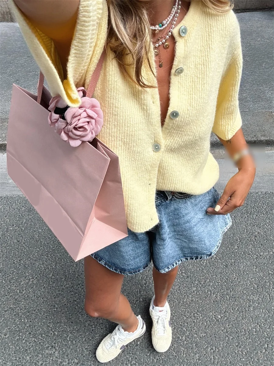 New Fashion Womens Autumn Knit Cardigan Half Sleeve Round Neck Solid Color Button Up Knitwear Club Street Style Hot Sale S-XL