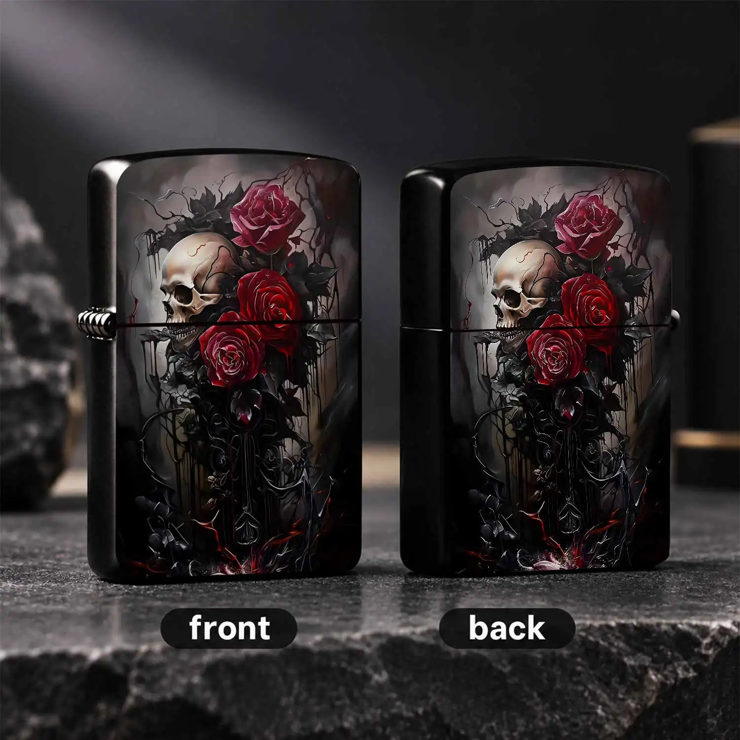 Gothic Dark Style Lighter With Skull And Red Rose Pattern, Exquisite Artistic Aesthetic Portable Igniter, Cool Unique Stylish Accessory For Daily Carry, Ideal Creative Gift For Halloween Birthday Holiday, Multi-Scenario A Humorous And Inter