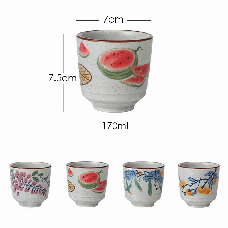 170ml Hand-Painted Watermelon Ceramic Tea Cups Set, 4 Pieces Saki Wine Cup Set, Floral Teacups for Tea, Expresso