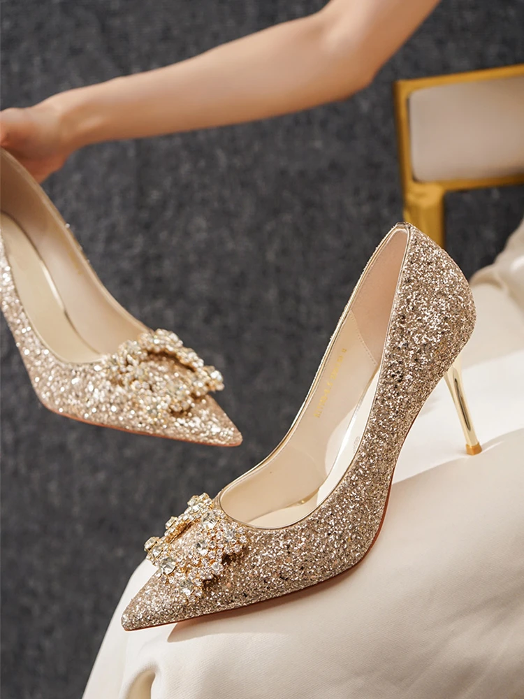 

Wedding oes Women Summer Bride oes Two-Way Wear Gold Comfortable Small High Heels Crystal oes Faionable Unique Sle