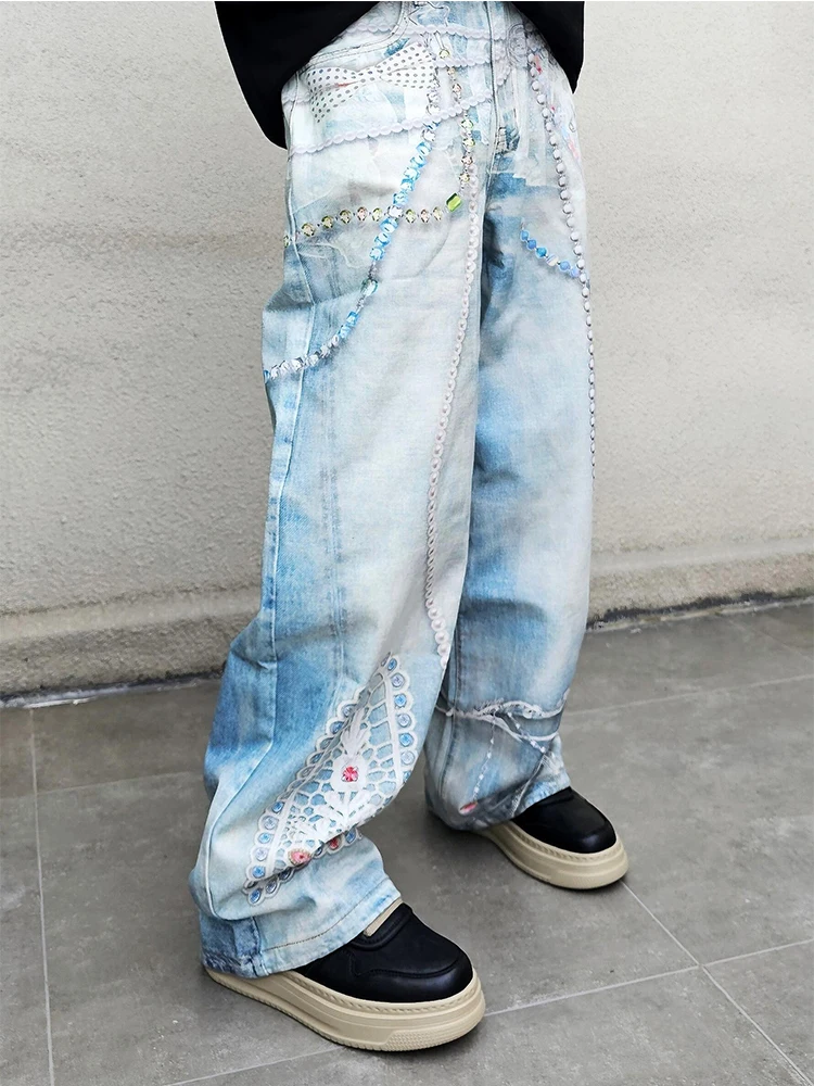 

Retro Lace Bead Chain Decorated Printed Men's Jeans Street Sle Loose Straight Leg Long Trousers Casual Wear All Seasons