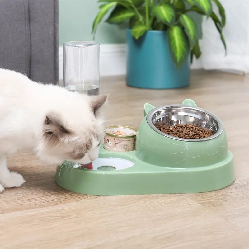 Pet Cat Bowl Automatic Feeder Water Dispenser Cat Bowl Stainless Steel Pet Bowl Feeder Protects Cervical Vertebrae Against