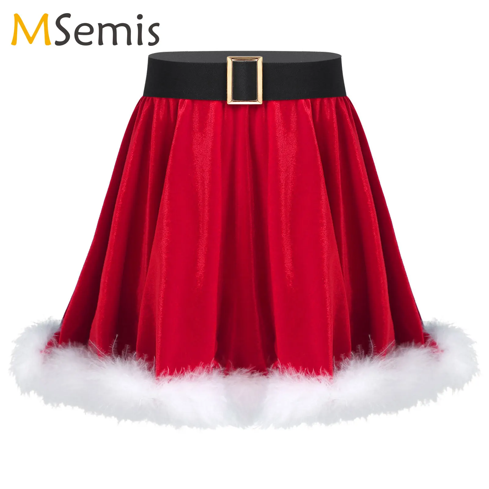 Girls Christmas Mrs Santa Claus Costume Ruffled Mini Skirt High-Waist Belted Fur Trim Velvet Dance Party Ice Skating Dancewear