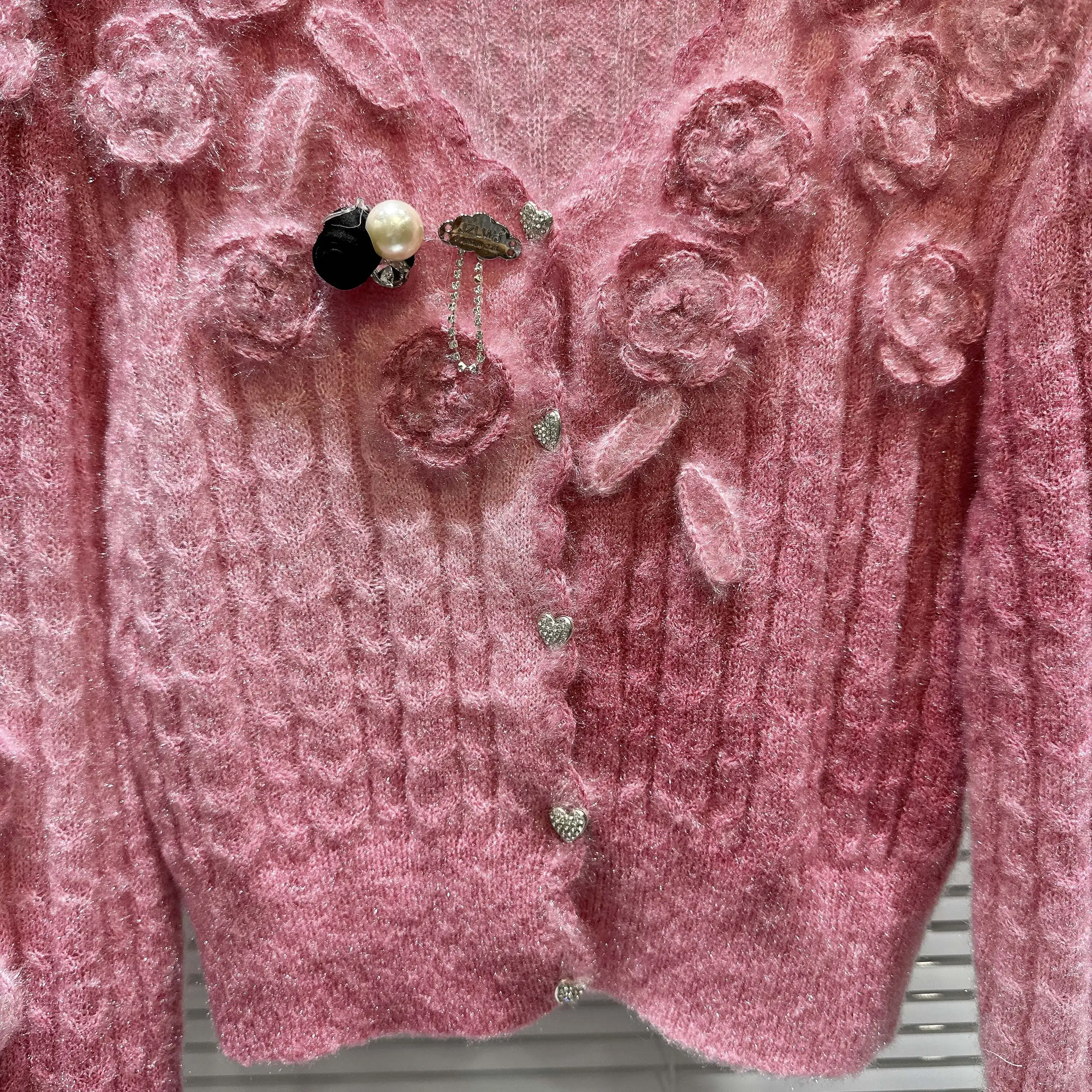 Musim semi musim gugur 3D bunga rajutan Cardigan rajutan berpengait bunga mantel Sweater Pink gradien rajut jumper atasan Crop Sueter