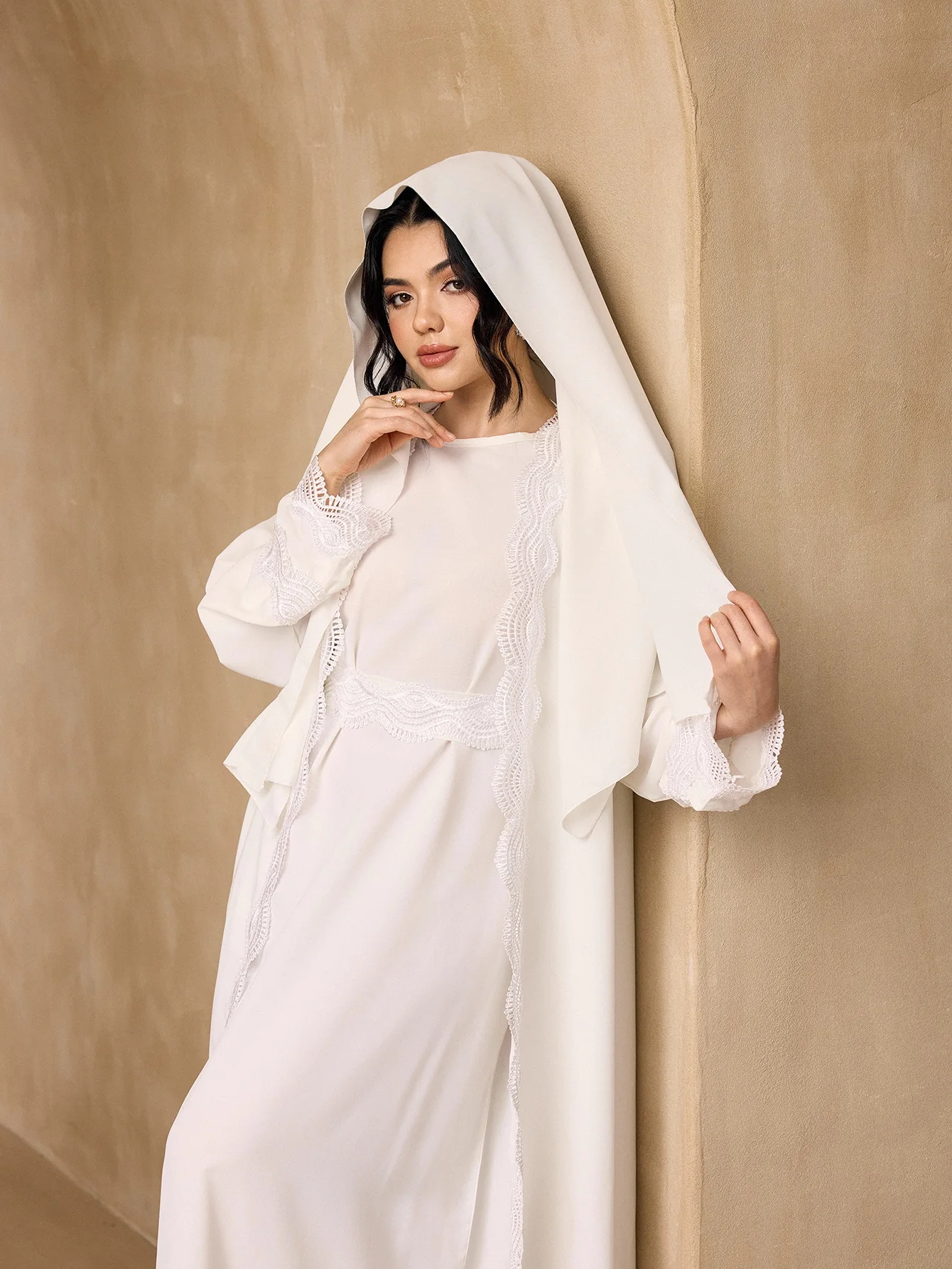 Scalloped Wave Lace Open Abaya 3 Piece Suit, Matching Hijab Lace Waistband Flare Sleeve Modest Muslim Eid Party Maxi Outfit