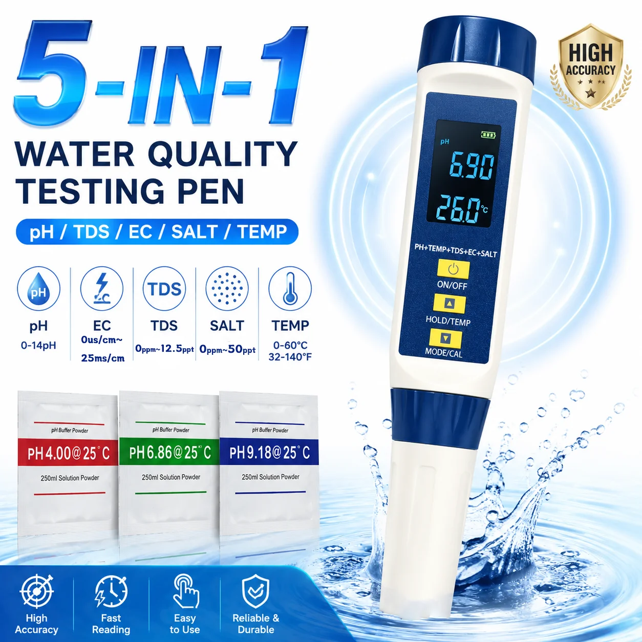 Ec Meter Digital - 5-in-1 Waterkwaliteitstester PH EC TDS Meter