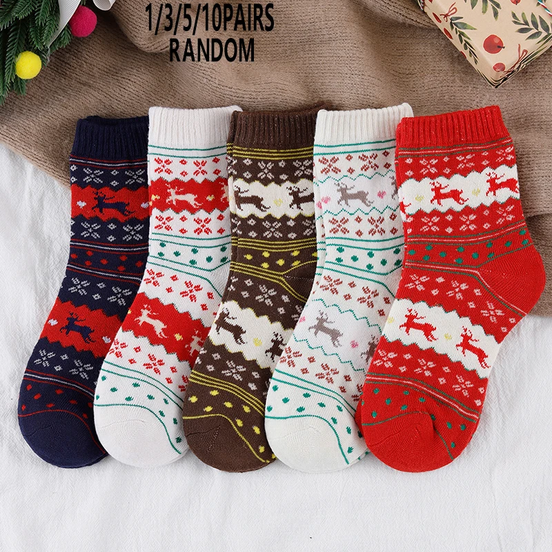 1/3/5/10 Pairs Random Women Mid-Calf Terry Socks, Christmas Cartoon Print, Thick Fleece Warm Autumn Winter Socks
