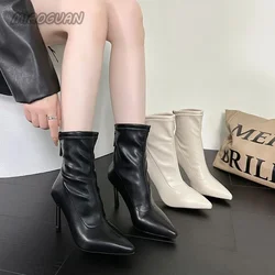 Thin Heel Short Boots Women Pointed 2024 Spring Autumn New High Heels Soft Leather Fashion Botas Femininas Black Beige Botines