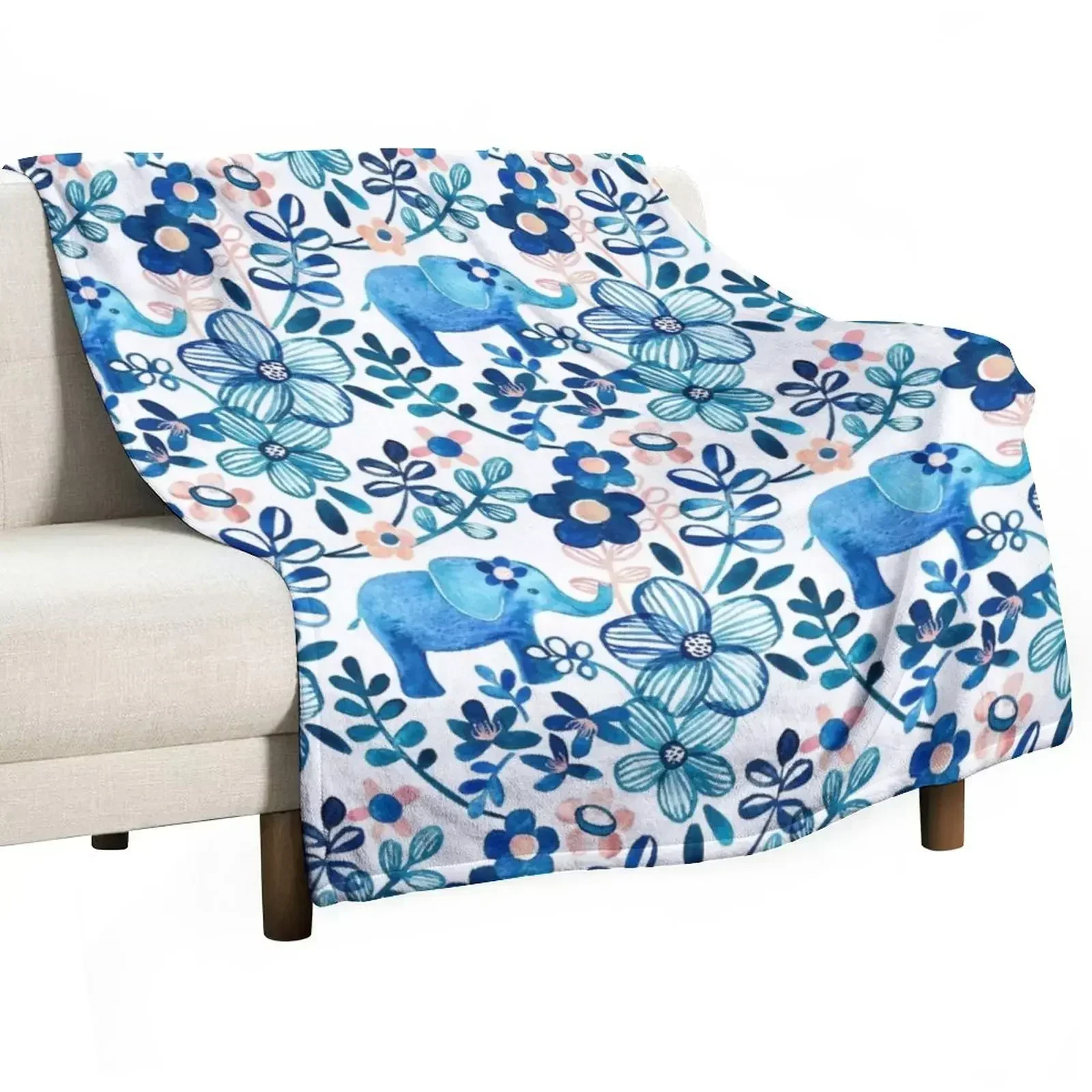 

Blush Pink, White and Blue Elephant and Floral Watercolor Pattern Throw Blanket Thermal Soft Plush Plaid Blankets