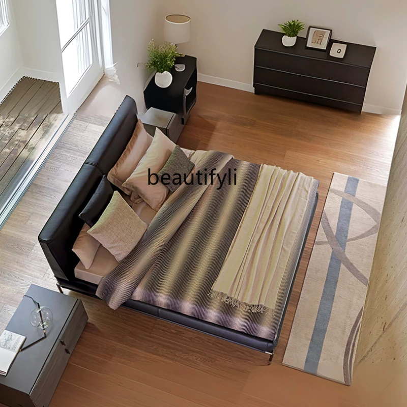 

Italian light luxury master bedroom first layer cowhide design sense modern custom double bed