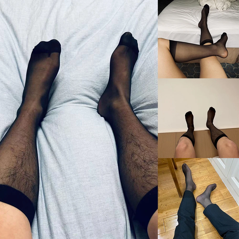 Hot New Stylish Fashion Men\'s Socks Set See-Through Sheer Silky Solid Color Nylon Ultra Thin 1 Pair Business Socks