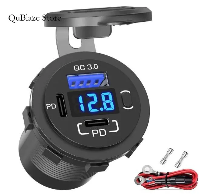 

12V Usb Power Socket QC3.0 And PD Port Fast Charging Charger Adapter With Switch For Car Motorcycle RV
