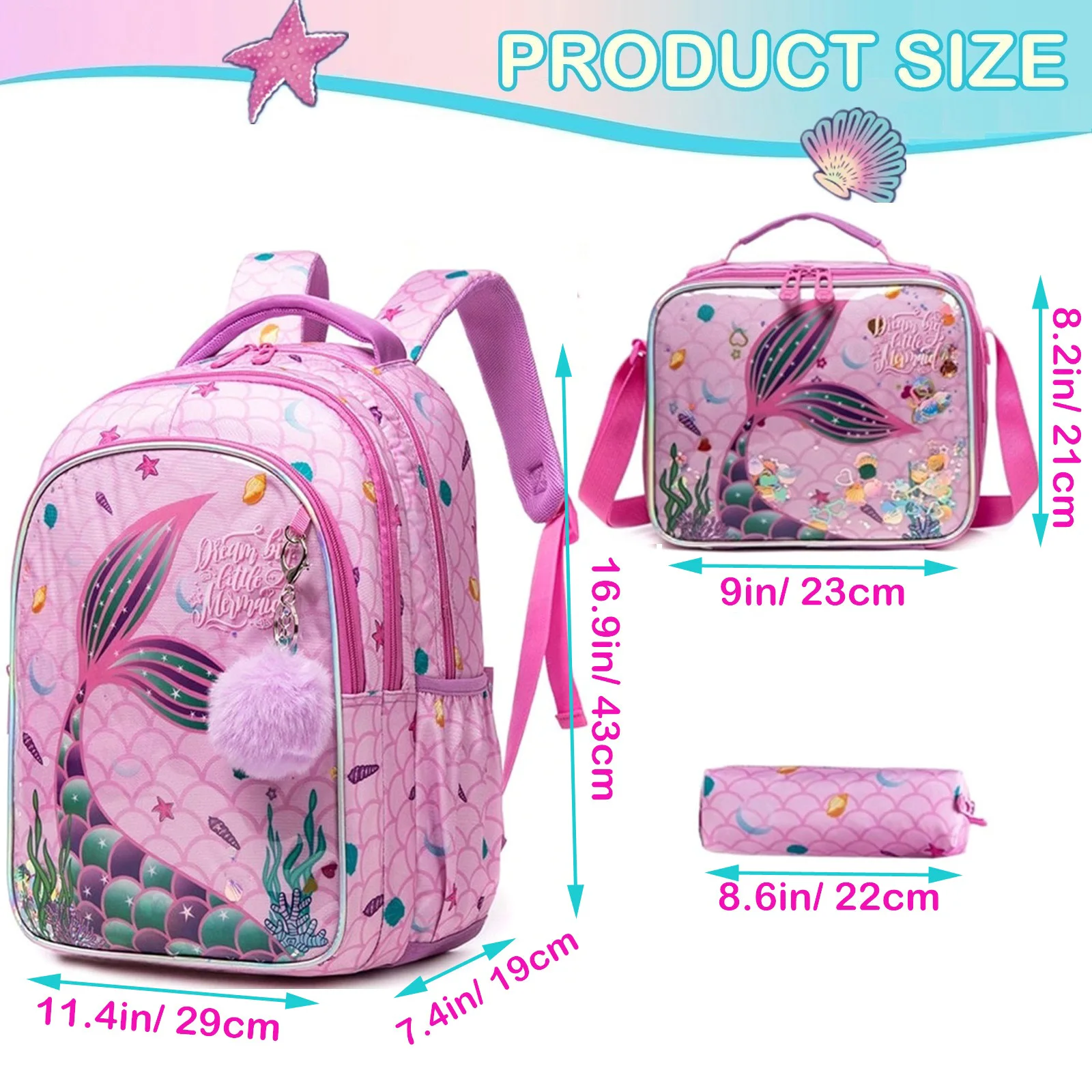 Mermaid Backpack for Girl Elementary Student Bookbag Set with Insulated Lunch Bag Lightweight School Bag Kid Back To School Gift