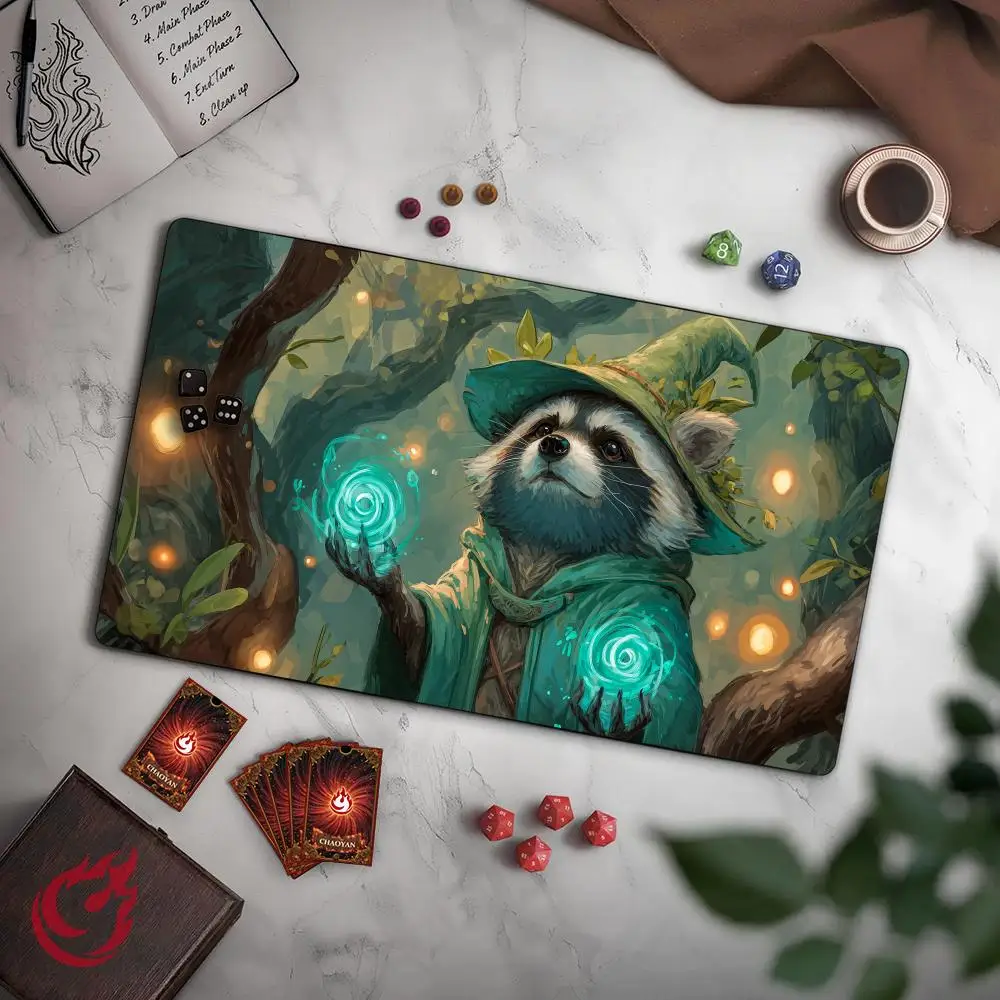 

Fantasy Raccoon Magician MTG Playmat Magic Card Mat with Stitched Edge Non-Slip Durable Tabletop playmat Board Game Mat for TCG