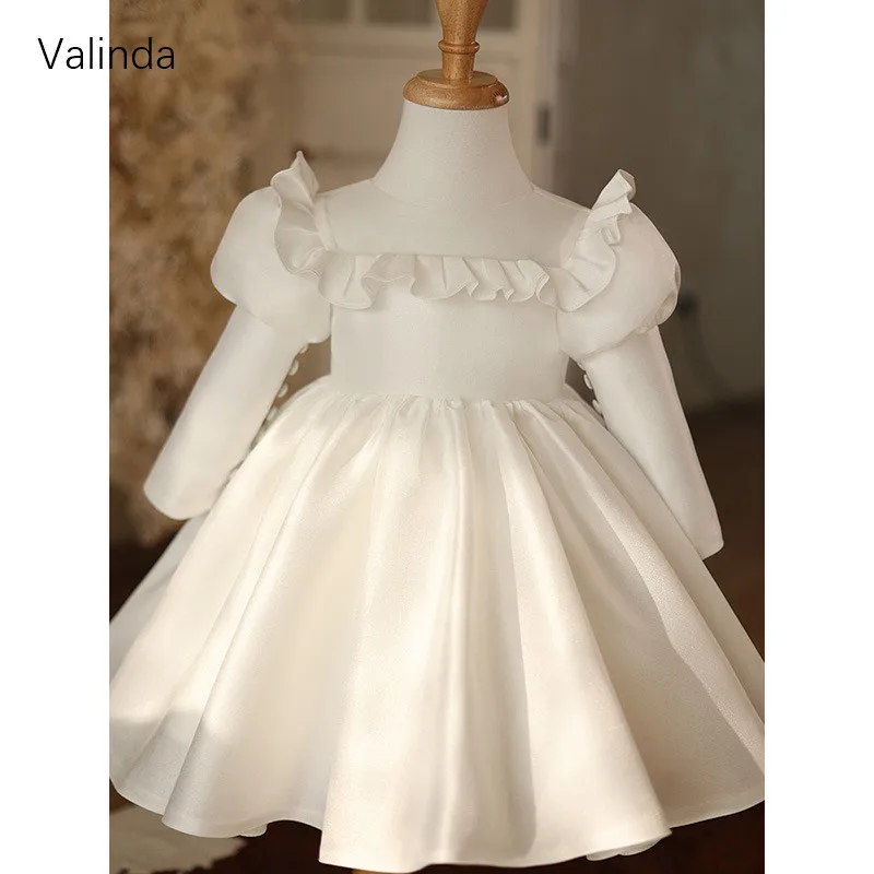 Long Sleeves White Girl Christening Dress for Birthday Party Kids Attire