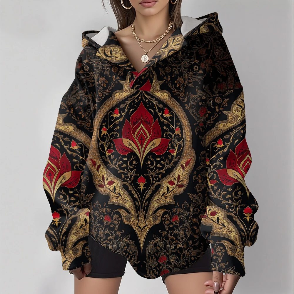 

Женская толстовка с капюшоном в стиле бохо, свободная толстовка с v-образным вырезом в стиле ретро, роскошный красный и золотой тотем с цветочным принтом, зимний модный пуловер
