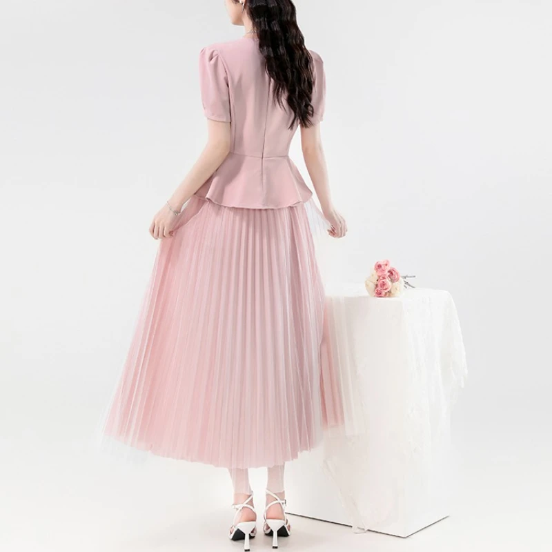 High Waist Short Sleeve Two-piece Set 2025 Summer Women's Clothing V-Neck Top Long Pleated Mesh Skirt Set Elegant Two Piece Sets