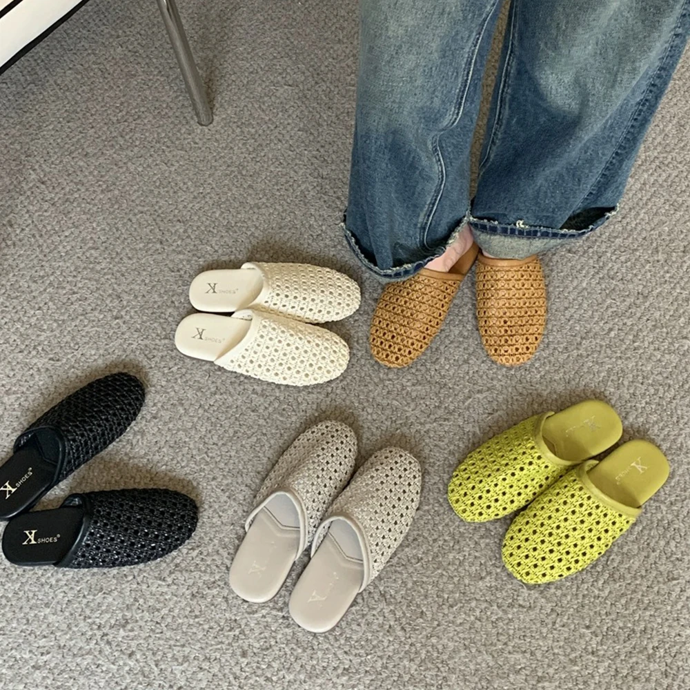 

Women Flat Sandals Mesh Knit Hollow Braided Summer Breathable Non Slip Slip-On Dressy Casual Vacation Bohemian Slides Slippers