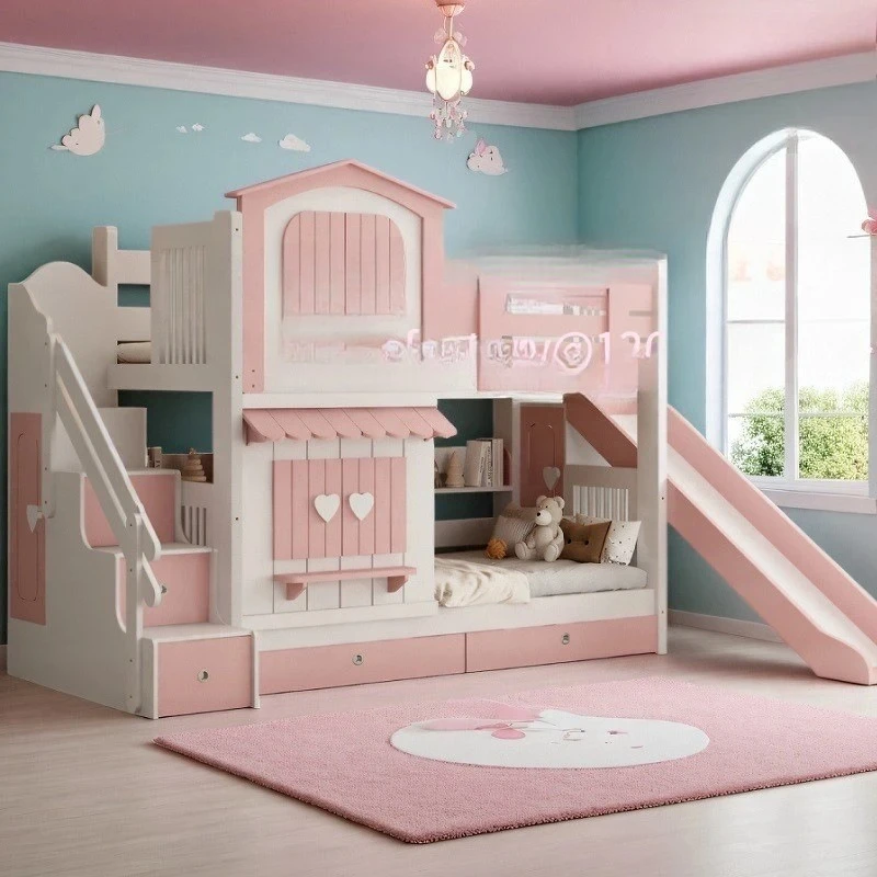 Customizable Girl Bunk Bed Two Layers Pink Princess Wind Castle Bed Slide Bunk Bed Multifunctional