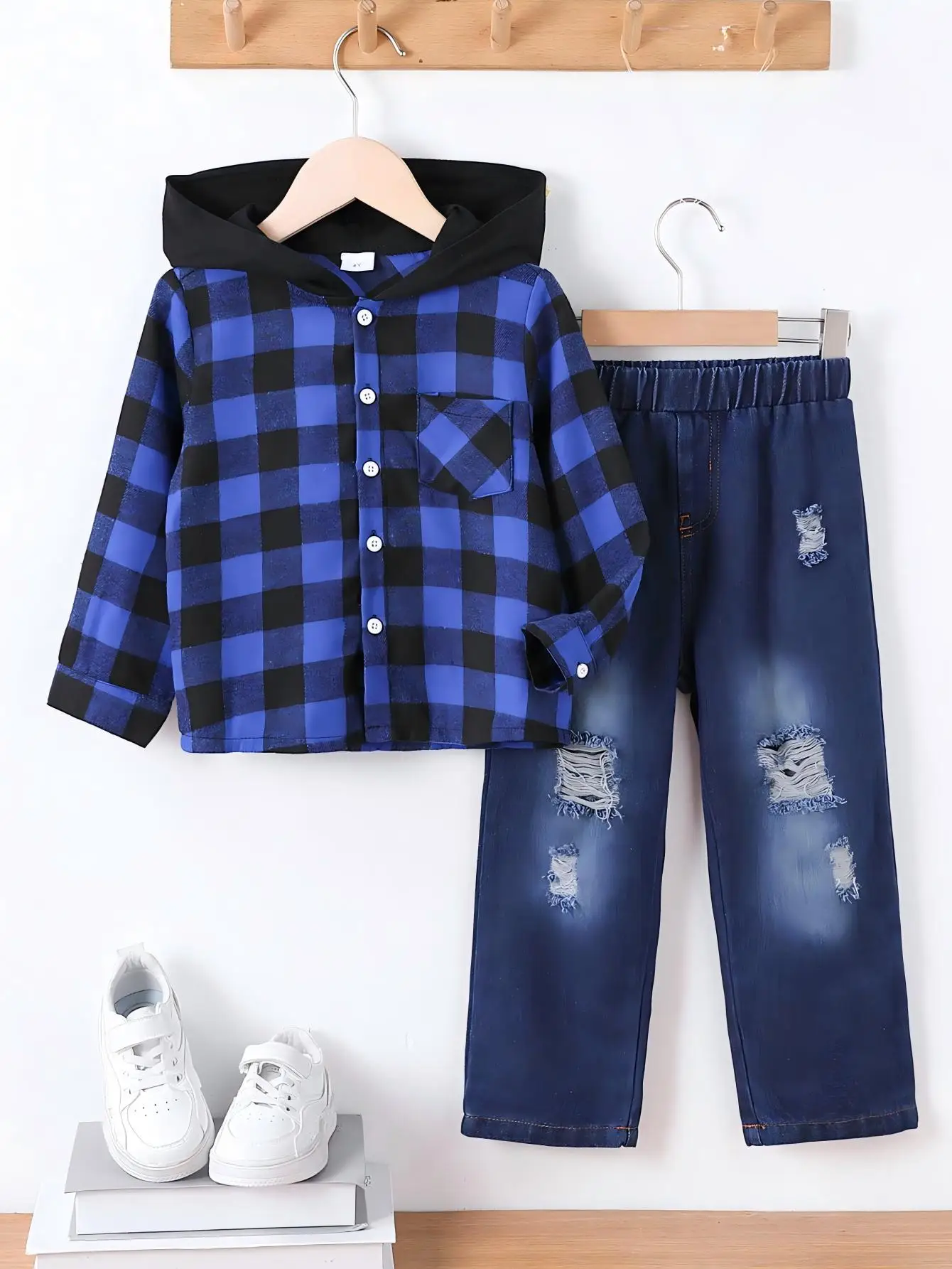 Toddler Boys Blue Black Plaid Hooded Shirt Jacket Button Pocket Top Elastic Waist Ripped Denim Pants Kids Fall 2Pcs Outfit12M-5Y