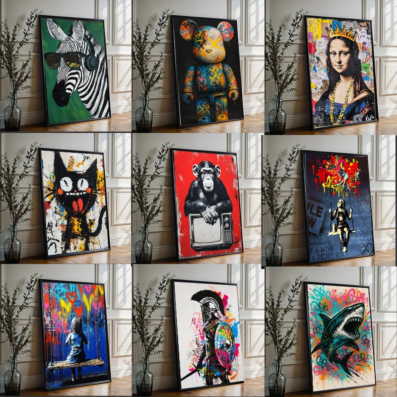 Urban Pop Art Zebra Heart Balloon Girl Monkey Shark Dance Girl Spartan Warrior Bear Poster Canvas Painting Print Home Decor