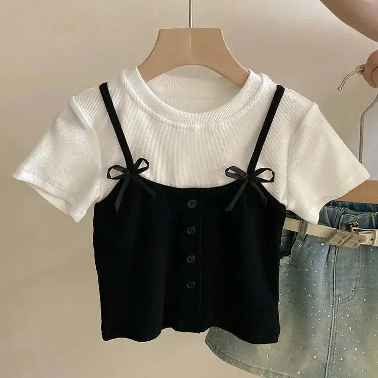 Summer New Cartoon Style Childrens Girls Three Dimensional Bow Short Sleeved T Shirt on Clothes