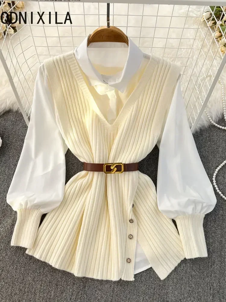 Loose White Shirt Long Sleeve Top Women\'s Belt Slit Knit Vest Korean Fashion Two Piece Set for Women Blouse 2024 Spring New