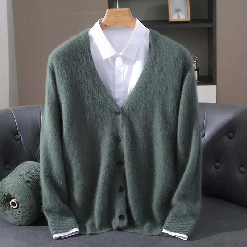 Knitted Cardigan Men's Autumn and Winter New 100% Mink Wool Sweater men's V-neck Business Casual Solid color knitted Basic Shirt