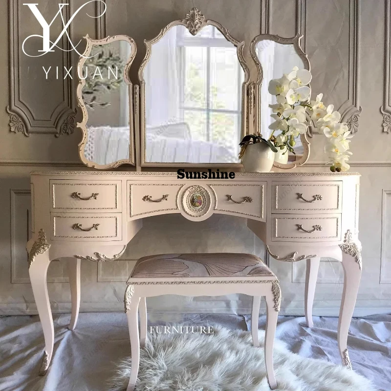 

French retro solid wood carved cream style dressing table, modern simple home princess style, customized