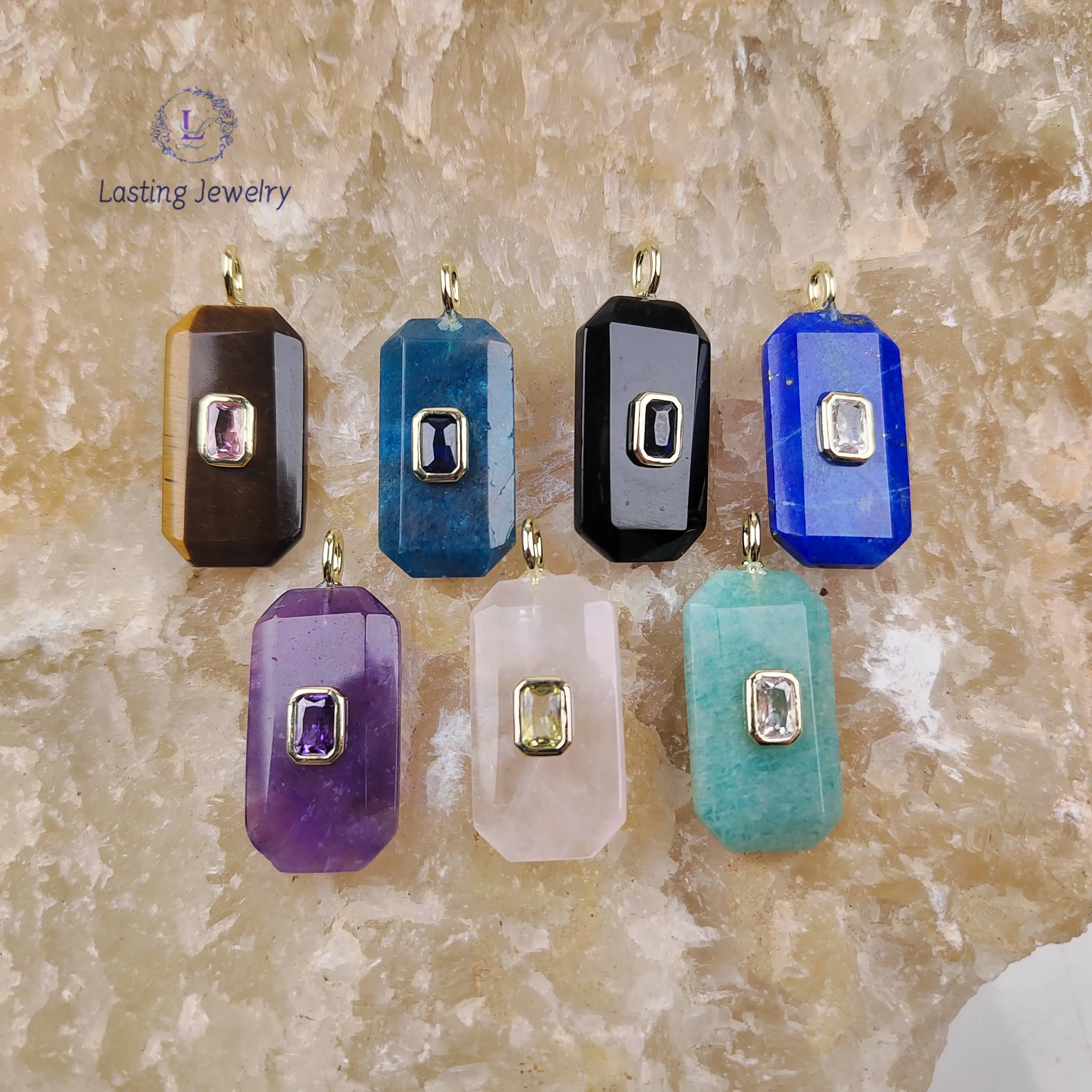 

16x28mm Faceted Quartz Rectangle Pendants With Inlaid Colored Zircon Beads Apatite Gemstone Charms For Necklace Jewelry Making