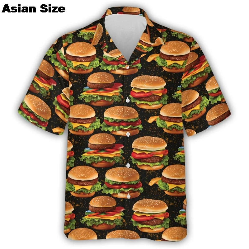 Food Hamburger Graphic Shirts For Men Clothes 2025 Casual Hawaii Burger Beach Shirt Aloha Hip Hop Short Sleeve Vacation Blouses