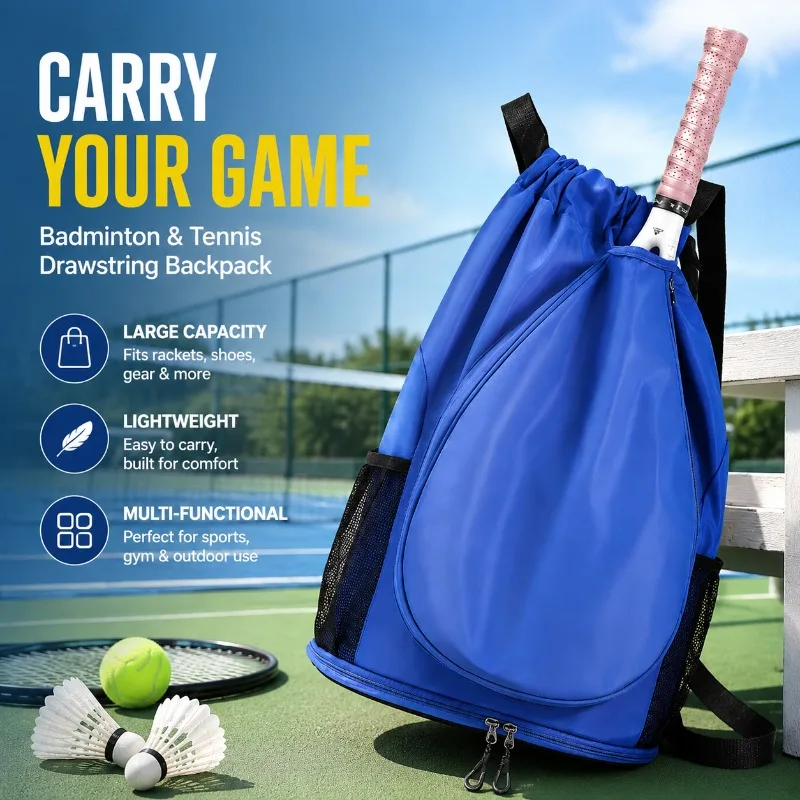 Badminton Tennis Racket Backpack Multi-functional Sports Drawstring Bag Large Capacity Lightweight Outdoor Duffel for Men Women
