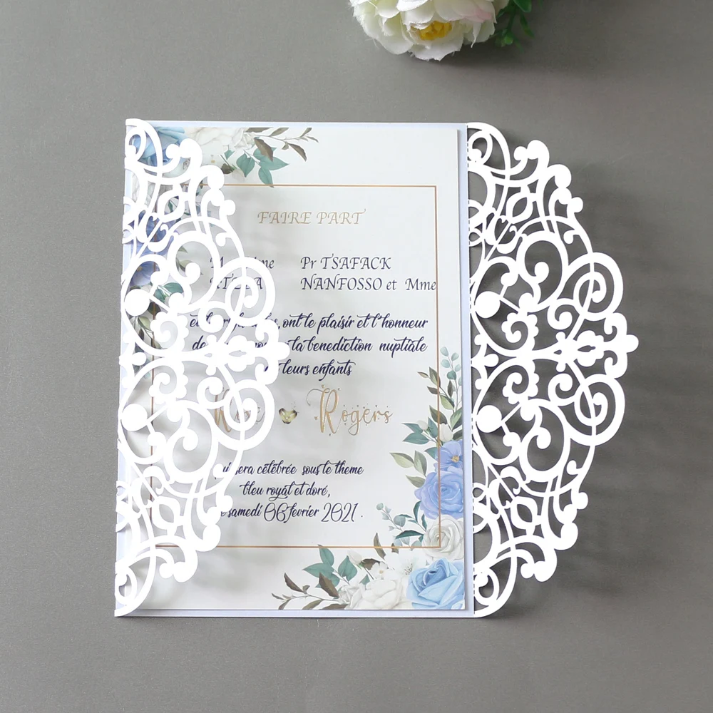 100Pcs Cheap Hollow Laser Cut Wedding Invitation Card White Ivory Beige Birthday Greeting Cards With Ribbon Envelope Printable