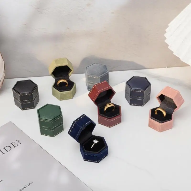 Hexagonal Velvet Ring Box Flip Top Jewelry Storage Case Gift Organizer For Proposal Engagement Wedding Ceremony Decor