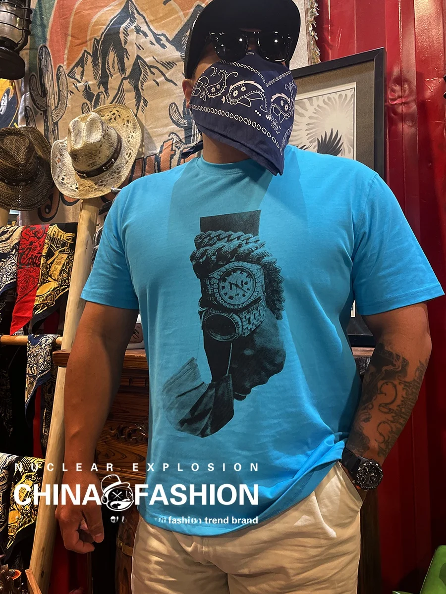 Nuclear Explosion Brand Men's Short Sleeve T-Shirt Pure Cotton Summer Fashion round Neck Print Loose Fit Youth Popular Style