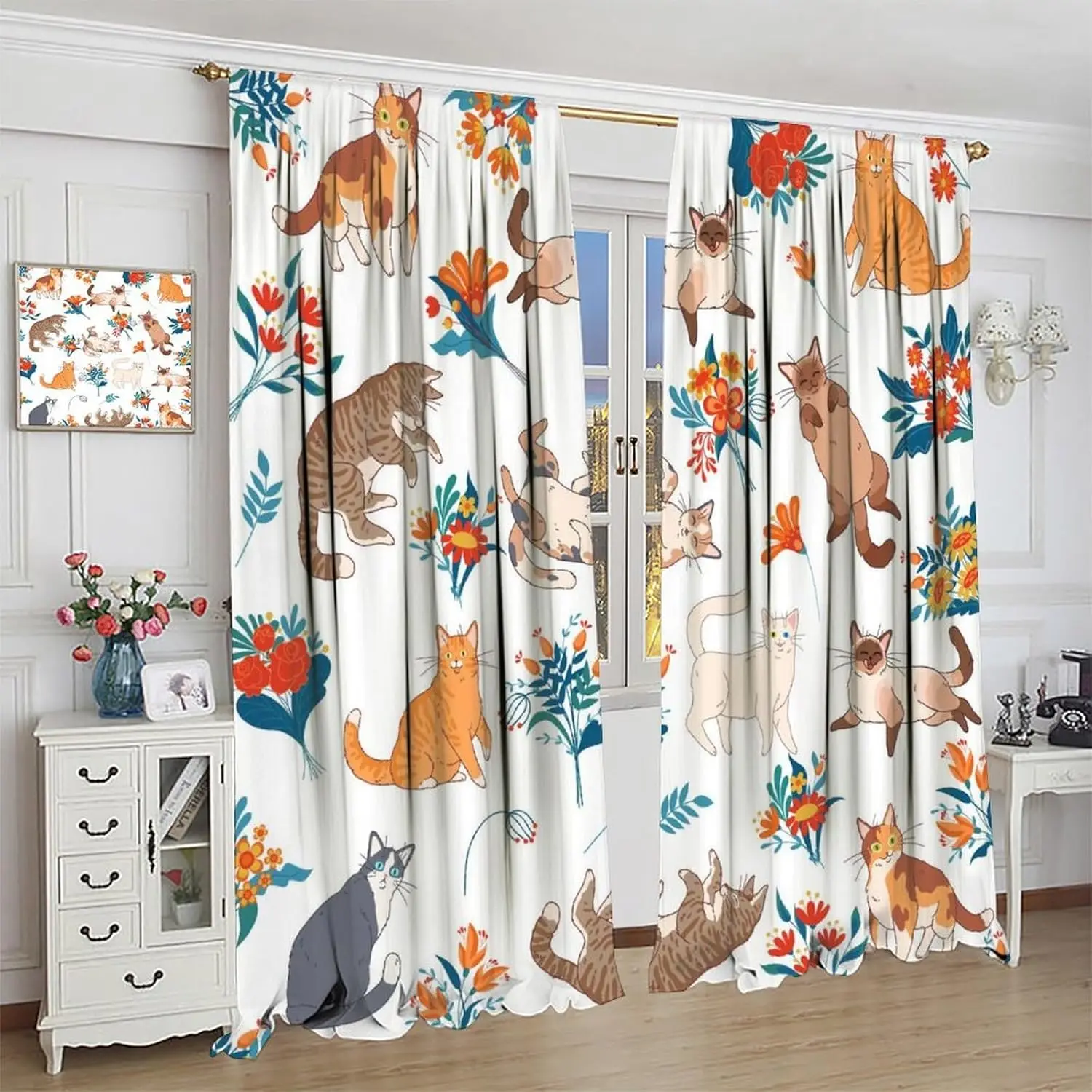 Cartoon Cat Floral Curtains, Colorful Spring Blue Orange Flowers Bouquets Funny Cute Cats Nature Garden Window Treatments for